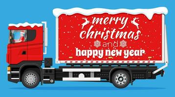 Natale consegna camion isolato. consegna uomo nel Santa Claus cappello. contento nuovo anno decorazione. allegro Natale vacanza. nuovo anno e natale celebrazione. piatto vettore illustrazione