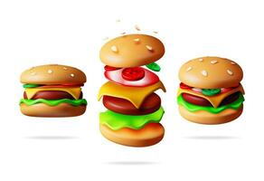 3d gustoso hamburger impostato nel diverso angoli. rendere collezione di hamburger icona con cetriolo, insalata, pomodoro, formaggio, salsa, ciambella con sesamo e manzo. hamburger al formaggio veloce cibo. realistico vettore illustrazione.