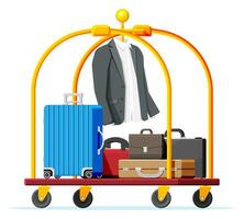 Hotel bagaglio carrello con valigetta, completo da uomo e valigia. Hotel Bagaglio carrello pieno di borse isolato. handtruck per mezzi di trasporto nel Hotel o aeroporto. vacanza e viaggio. piatto vettore illustrazione