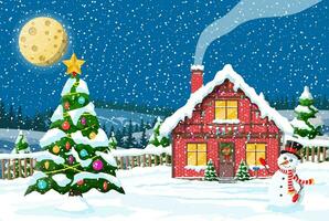 suburbano Casa coperto neve. edificio nel vacanza ornamento. Natale paesaggio albero, pupazzo di neve. nuovo anno decorazione. allegro Natale vacanza natale celebrazione. vettore illustrazione