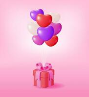 3d regalo scatola con cuore palloncini su rosa sfondo. rendere pacco regalo icona. San Valentino giorno, compleanno carta, Prodotto Schermo presentazione annuncio. realistico vettore illustrazione