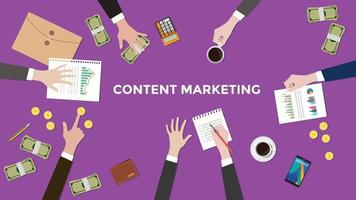 discutere il concetto di content marketing in un'illustrazione di una riunione vettore