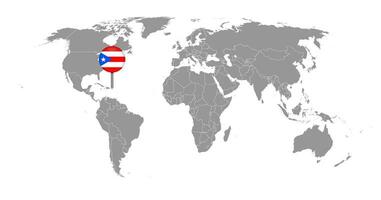 mappa pin con bandiera porto rico sulla mappa del mondo. illustrazione vettoriale. vettore