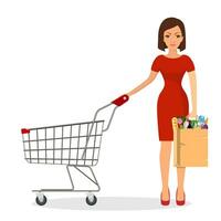 donna shopping nel supermercato. shopping carrello. donna hold drogheria carta shopping Borsa con cibo. vettore illustrazione nel piatto stile