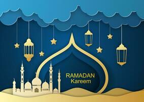 Ramadan kareem saluto carta, design con 3d carta tagliare simboli di Ramadan mubarak, sospeso oro lanterne, Arabo lampade, stella, carta arte vettore e illustrazione