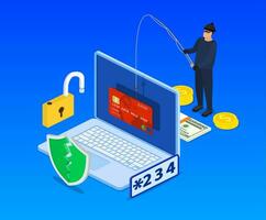 Internet phishing e pirateria attacco isometrico concetto. e-mail spoofing e personale informazione sicurezza sfondo. Internet attacco su credito carta. vettore illustrazione nel piatto design.