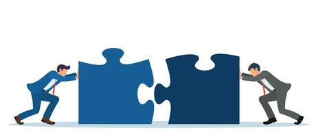 uomini d'affari spingendo Due sega puzzle elementi. attività commerciale concetto. lavoro di squadra metafora. simbolo di Lavorando insieme, cooperazione, collaborazione. vettore illustrazione nel piatto stile.