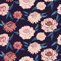 senza soluzione di continuità modello con fiori peonie, dalia e le foglie su un' buio blu sfondo. vettore mano disegnato ditsy fiori. ornato,, artistico, Vintage ▾, colorato floreale Stampa. design per moda, tessuto