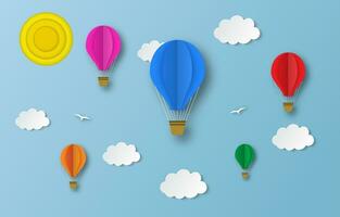 colorato caldo aria palloncini volante nel il aria con blu nuvoloso cielo sfondo. carta tagliare manifesto modello con aria palloncini. volantini, striscioni, manifesti e modelli design. vettore