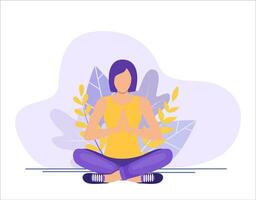 giovane donna seduta nel yoga loto posa. concetto di meditazione, il Salute benefici per il corpo, mente e emozioni. inizio e il ricerca per idee. vettore illustrazione nel piatto stile