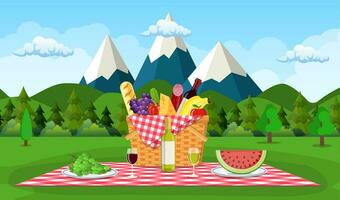 picnic nel il montagne. di vimini picnic cestino pieno di prodotti. vettore illustrazione nel piatto stile