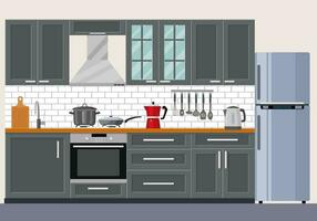 moderno cucina interno con mobilia e cucinando dispositivi. grafico design modello. Lavorando superficie per cucinando. vettore illustrazione nel piatto design