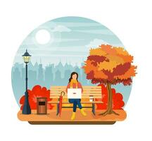 bellissimo autunno città parco con panchina . donna con il computer portatile seduta su panchina nel autunno. libero professionista, a distanza opera concetto. vettore illustrazione nel piatto stile.