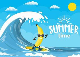 Banana personaggi fare surf su onda. vacanze su il mare. spiaggia attività. estate volta. vettore illustrazione nel piatto stile