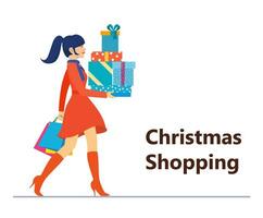 donna con shopping borse a passeggio. allegro Natale saldi. vettore illustrazione nel piatto stile.