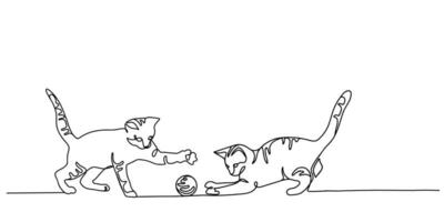 continuo uno linea disegno di Due gattini giocando con palla di filato. nero lineare silhouette isolato su bianca sfondo . disegnato a mano linea arte nel di moda minimalista design. vettore illustrazione