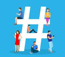 hashtag concetto. persone utilizzando mobile tavoletta e smartphone per invio messaggi e condivisione loro nel sociale media. vettore illustrazione nel piatto stile