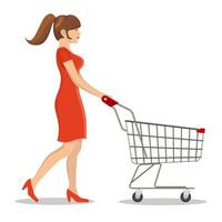 giovane donna spingendo supermercato shopping carrello. isolato su bianca sfondo. vettore illustrazione nel piatto stile