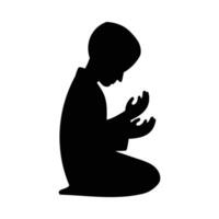 un' sagome di solennemente musulmano ragazzo raccolta loro mani nel preghiera, in ginocchio e inchinandosi, vettore illustrazione