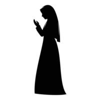 un' sagome di solennemente musulmano donna raccolta loro mani nel preghiera, in ginocchio e inchinandosi, vettore illustrazione