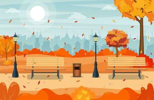 bellissimo autunno città parco con panchina e cittadina edificio sfondo. bellissimo urbano autunno parco per striscione, manifesto, ragnatela. vettore illustrazione nel piatto stile.