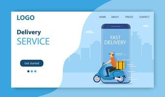 in linea consegna servizio concetto, consegna casa e ufficio. scooter Corriere. consegna uomo equitazione un' scooter su di il Telefono. atterraggio pagina concetto. vettore illustrazione nel piatto stile
