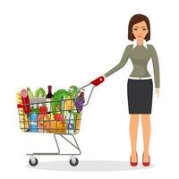 giovane donna spingendo supermercato shopping carrello pieno di drogheria. isolato su bianca sfondo. vettore illustrazione nel piatto stile