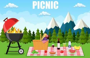 picnic nel il montagne. di vimini picnic cestino pieno di prodotti. vettore illustrazione nel piatto stile