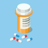 plastica bottiglia di pillole nel isometrico Visualizza isolato su bianca sfondo, tavoletta pillole medico droga farmacia cura e tavoletta pillole antibiotico farmaceutico. vettore illustrazione nel piatto stile
