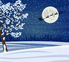 Natale paesaggio a notte. sfondo con Luna e il silhouette di Santa Claus volante su un' slitta. concetto per saluto o postale carta . vettore