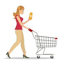 giovane donna spingendo supermercato shopping carrello. isolato su bianca sfondo. vettore illustrazione nel piatto stile