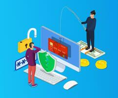 Internet phishing e pirateria attacco isometrico concetto. e-mail spoofing e personale informazione sicurezza sfondo. Internet attacco su credito carta. vettore illustrazione nel piatto design.