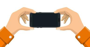 Due mani Tenere mobile smartphone con nero schermo. mobile fotografia concetto. isolato su bianca. illustrazione nel piatto stile vettore