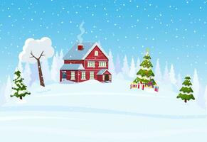 suburbano Casa coperto neve. edificio nel vacanza ornamento. Natale paesaggio albero abete rosso. contento nuovo anno decorazione. allegro Natale vacanza. nuovo anno natale celebrazione. vettore illustrazione