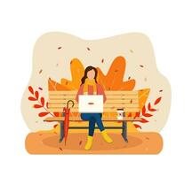 bellissimo autunno città parco con panchina . donna con il computer portatile seduta su panchina nel autunno. libero professionista, a distanza opera concetto. vettore illustrazione nel piatto stile.