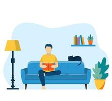 giovane uomo lettura libro seduta su divano. concetto vivente camera con divano, alunno. rilassante a casa con il suo gatto. vettore illustrazione nel piatto stile