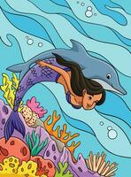 sirena e delfino colorato cartone animato illustrazione vettore