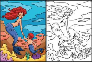 sirena e giovane tritone colorazione illustrazione vettore