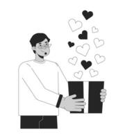 mezzo orientale uomo dando San Valentino presente nero e bianca 2d illustrazione concetto. arabo maschio occhiali cartone animato schema personaggio isolato su bianca. Condividere amore sensazione metafora monocromatico vettore arte