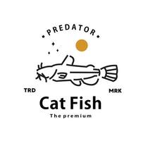 Vintage ▾ retrò fricchettone gatto pesce logo vettore schema monoline arte icona