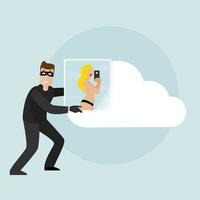 il ladro estrae informazioni dal cloud storage hackerato, con dati personali e foto private nelle sue mani. vettore
