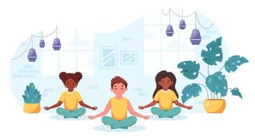 bambini di diverse nazionalità che meditano nella posa del loto. ginnastica, yoga e meditazione per bambini. vettore