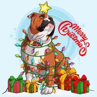 Bulldog inglese dog sitter e circondato da luci dell'albero di Natale e regali ai suoi lati