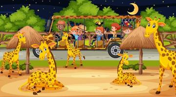 gruppo di giraffe nella scena del safari con i bambini nell'auto turistica vettore