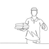 un disegno a tratteggio del giovane fattorino della pizza dà il pollice in alto mentre consegna il pacco al cliente. concetto di business del servizio di consegna cibo. grafica vettoriale di disegno di disegno di linea continua