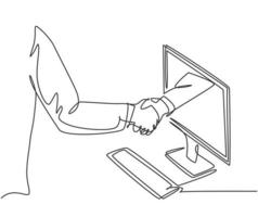 disegno a tratteggio continuo di uomini d'affari che si stringono la mano per affrontare un progetto. la mano esce dallo schermo del monitor del computer. concetto di transazione online digitale. illustrazione grafica vettoriale di un disegno a tratteggio