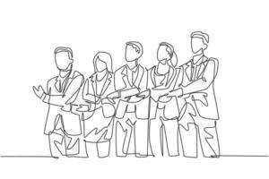disegno a tratteggio continuo di uomo d'affari e donna d'affari in gruppo che tengono insieme la mano. concetto di lavoro di squadra di affari. disegno di una linea, illustrazione grafica vettoriale