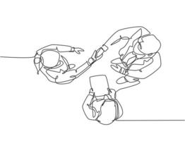 disegno a tratteggio continuo della stretta di mano del manager al suo dipendente per congratularsi con la loro promozione. concetto di lavoro di squadra di affari. disegno a linea singola, illustrazione grafica vettoriale