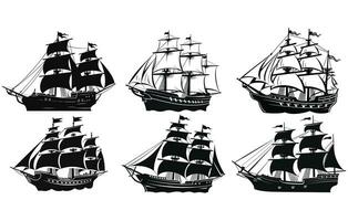silhouette di un' pirata nave, barca a vela o andare in barca nave logo Vintage ▾ vettore illustrazione