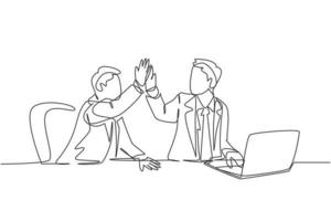 un disegno a tratteggio di uomini d'affari che celebrano il loro obiettivo successivo alla riunione d'affari con il gesto del cinque. concetto di affare di affari linea continua disegno grafico illustrazione vettoriale